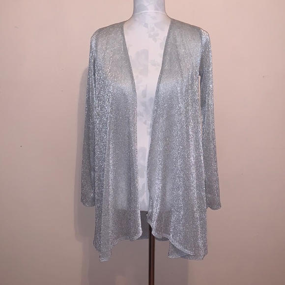 Onyx Nite Sweaters - ONYX Nite Silver Shimmer Long Sleeve Long Drape Frond Cardigan